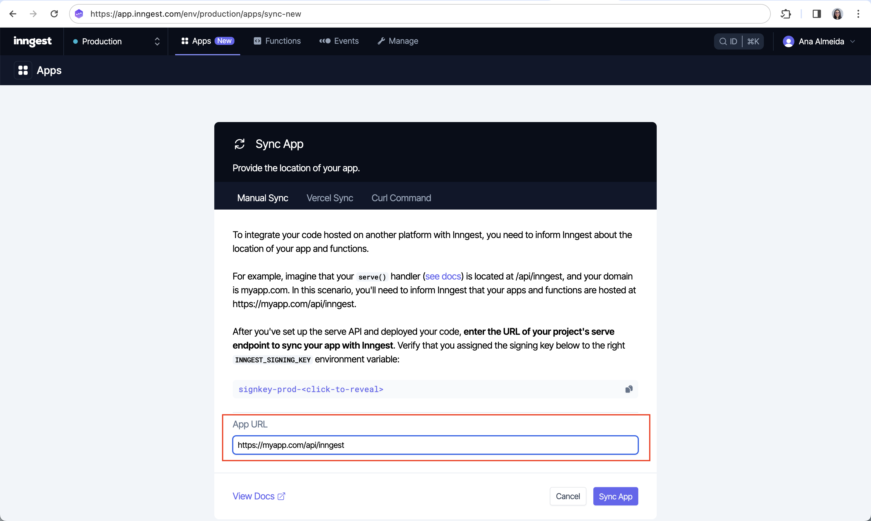 Sync New App form where you paste your project’s serve endpoint to inform Inngest about the location of your app